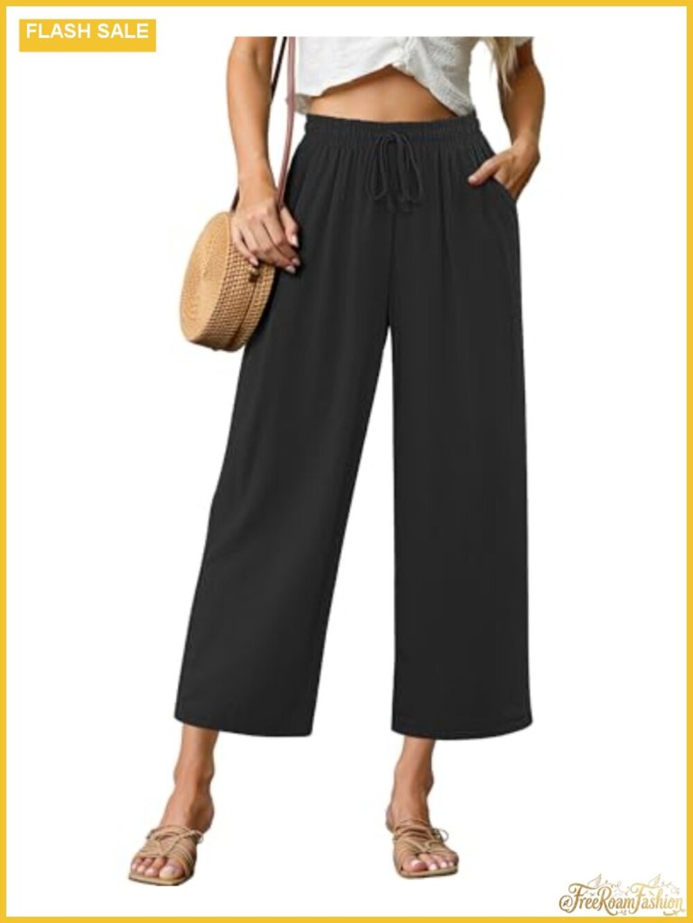 Linen Blend Wide Leg Capri Pants High Waisted Elastic Waist Pull On Beach
